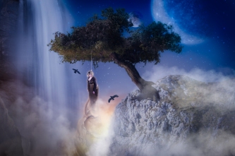 Ida Carolina dressed as Odin hanging himself from the world tree